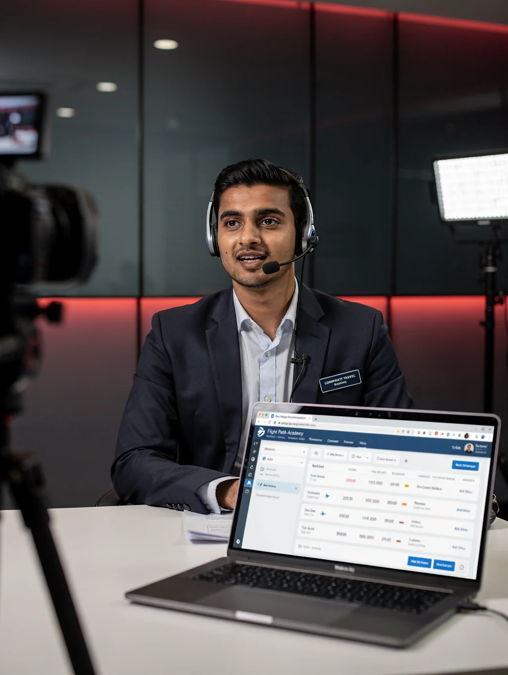 Graduate working on corporate travel reservation desk