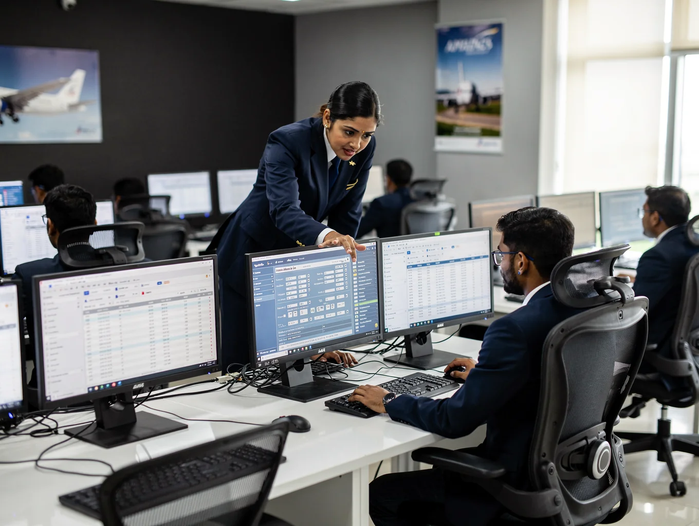 Students practicing on live Amadeus reservation terminals in the computer lab